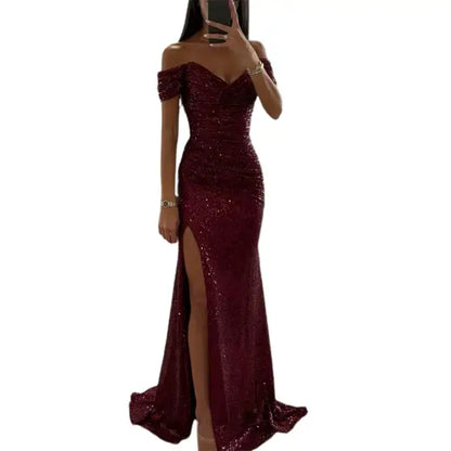 Elegant Sequin Dress for Women with Sweetheart Off Shoulder Ruched Mermaid Side Slit Formal Party Style