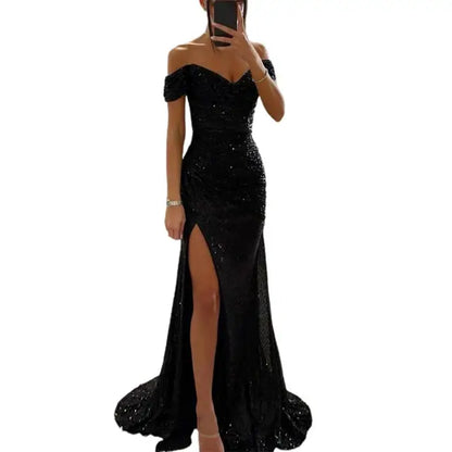 Elegant Sequin Dress for Women with Sweetheart Off Shoulder Ruched Mermaid Side Slit Formal Party Style