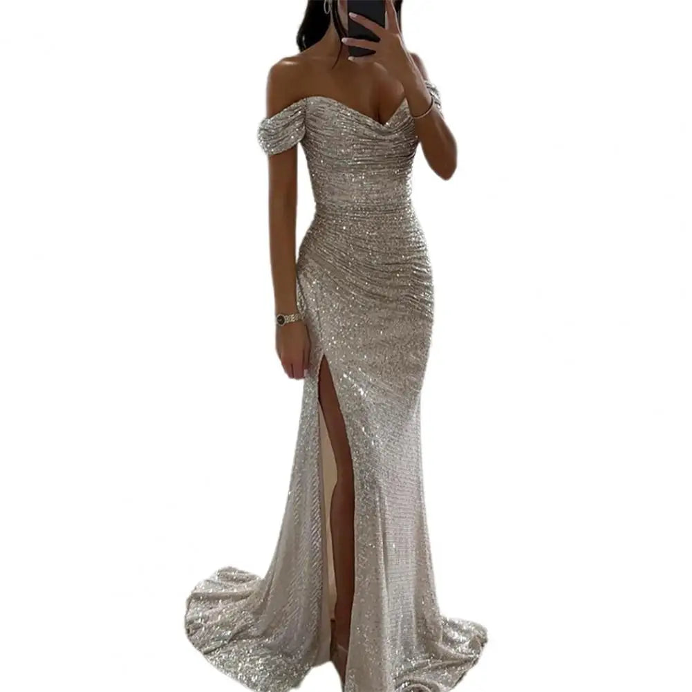 Elegant Sequin Dress for Women with Sweetheart Off Shoulder Ruched Mermaid Side Slit Formal Party Style