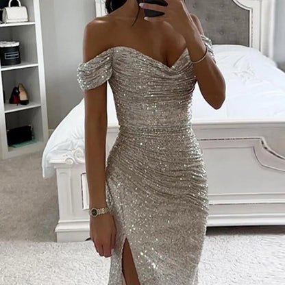 Elegant Sequin Dress for Women with Sweetheart Off Shoulder Ruched Mermaid Side Slit Formal Party Style