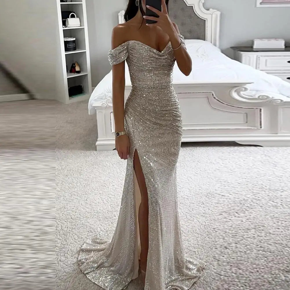 Elegant Sequin Dress for Women with Sweetheart Off Shoulder Ruched Mermaid Side Slit Formal Party Style