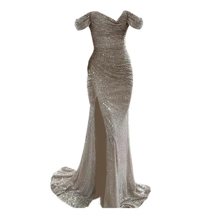 Elegant Sequin Dress for Women with Sweetheart Off Shoulder Ruched Mermaid Side Slit Formal Party Style
