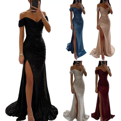 Elegant Sequin Dress for Women with Sweetheart Off Shoulder Ruched Mermaid Side Slit Formal Party Style