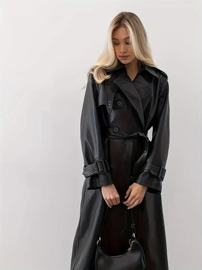 Classic Black Faux Leather Trench Coat for Women with Notched Lapel Long Sleeve Double Breasted Epaulette Style