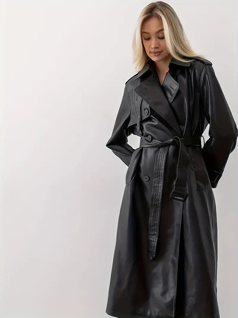 Classic Black Faux Leather Trench Coat for Women with Notched Lapel Long Sleeve Double Breasted Epaulette Style