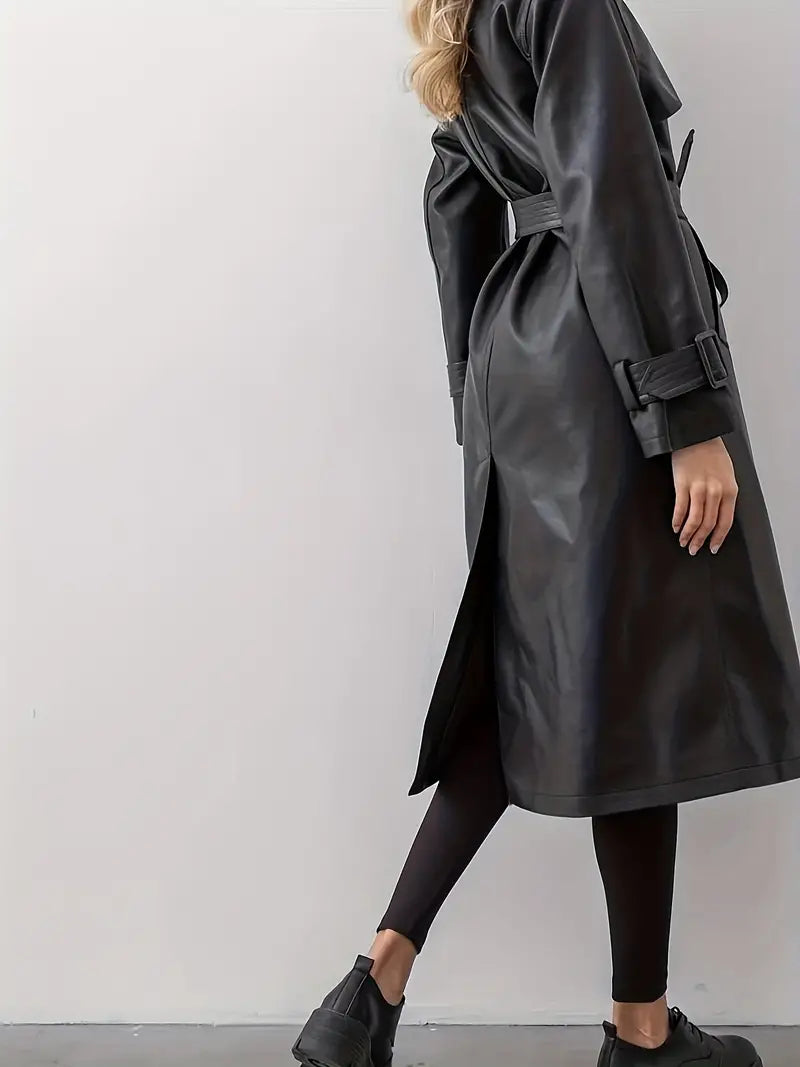 Classic Black Faux Leather Trench Coat for Women with Notched Lapel Long Sleeve Double Breasted Epaulette Style