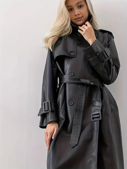 Classic Black Faux Leather Trench Coat for Women with Notched Lapel Long Sleeve Double Breasted Epaulette Style