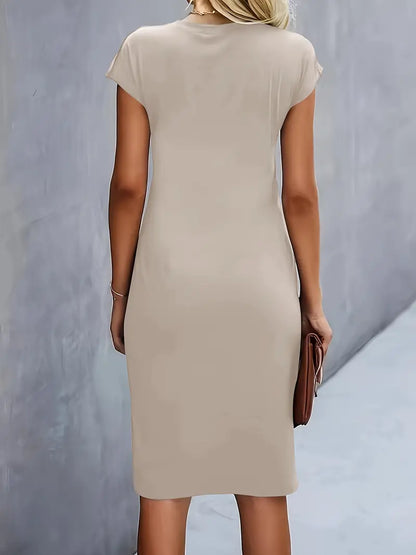 Elegant Draped Midi Dress for Women with Round Neck Cap Sleeve Twist Knot Bodycon Style