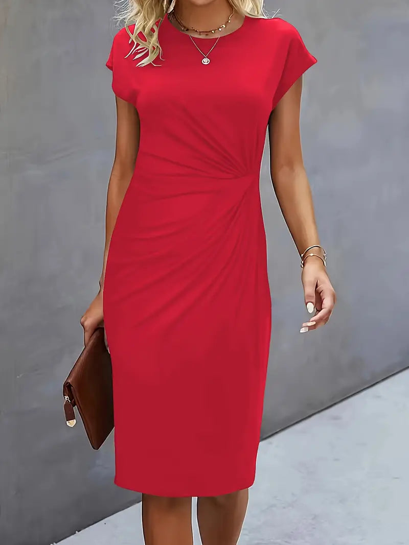 Elegant Draped Midi Dress for Women with Round Neck Cap Sleeve Twist Knot Bodycon Style
