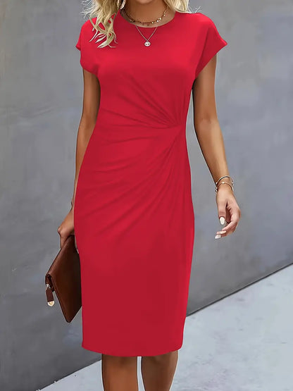 Elegant Draped Midi Dress for Women with Round Neck Cap Sleeve Twist Knot Bodycon Style