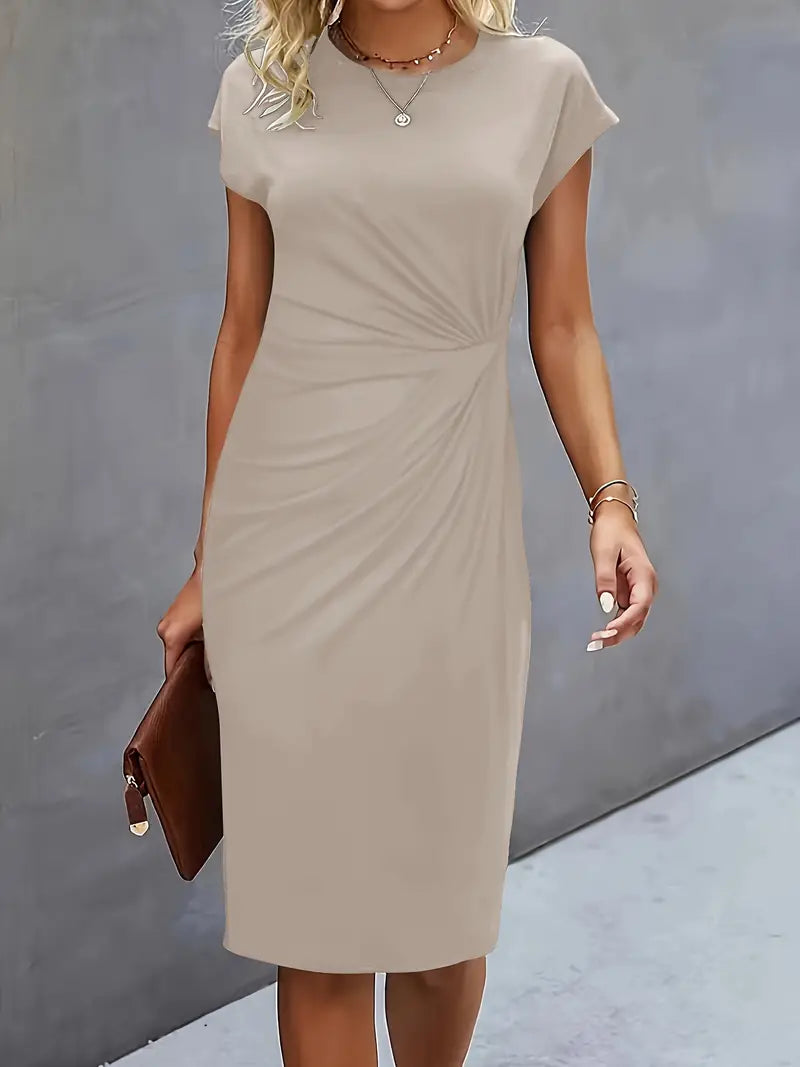 Elegant Draped Midi Dress for Women with Round Neck Cap Sleeve Twist Knot Bodycon Style