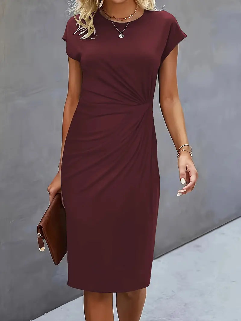 Elegant Mother Of The Groom Dress for Women with Crew Neck Cap Sleeve Twist Front Bodycon Midi Style