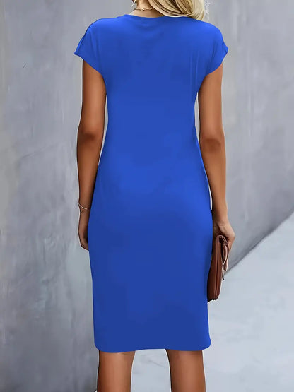Elegant Draped Midi Dress for Women with Round Neck Cap Sleeve Twist Knot Bodycon Style