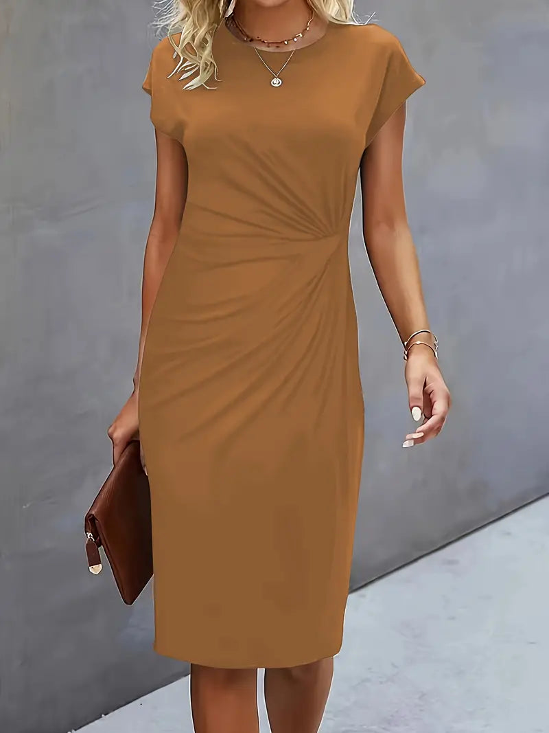 Elegant Draped Midi Dress for Women with Round Neck Cap Sleeve Twist Knot Bodycon Style
