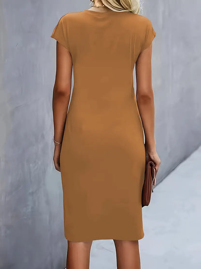 Elegant Draped Midi Dress for Women with Round Neck Cap Sleeve Twist Knot Bodycon Style