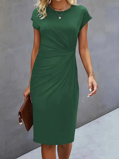 Elegant Draped Midi Dress for Women with Round Neck Cap Sleeve Twist Knot Bodycon Style