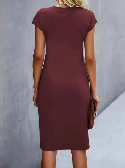 Elegant Draped Midi Dress for Women with Round Neck Cap Sleeve Twist Knot Bodycon Style