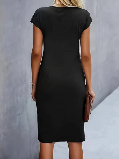 Elegant Draped Midi Dress for Women with Round Neck Cap Sleeve Twist Knot Bodycon Style