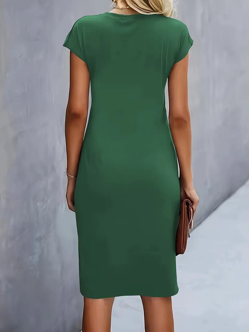 Elegant Draped Midi Dress for Women with Round Neck Cap Sleeve Twist Knot Bodycon Style