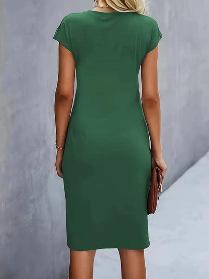 Elegant Draped Midi Dress for Women with Round Neck Cap Sleeve Twist Knot Bodycon Style