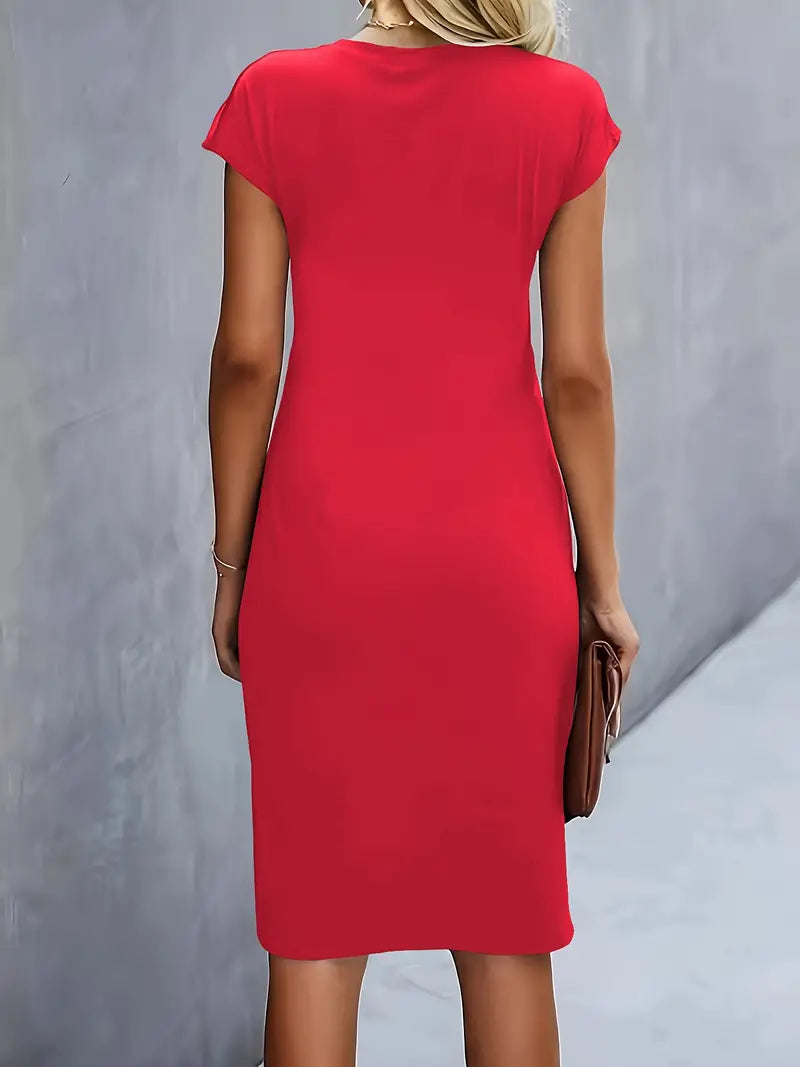 Elegant Draped Midi Dress for Women with Round Neck Cap Sleeve Twist Knot Bodycon Style
