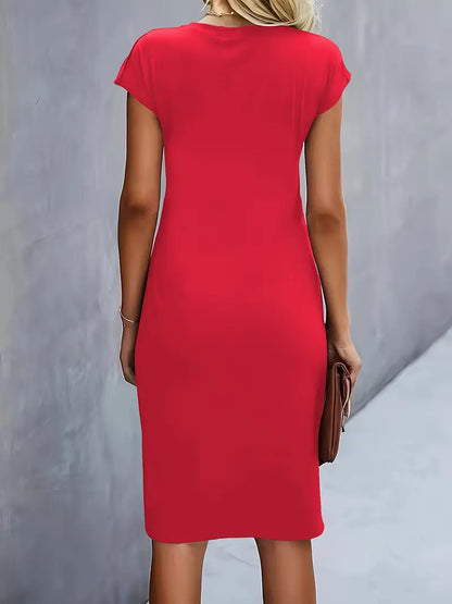 Elegant Draped Midi Dress for Women with Round Neck Cap Sleeve Twist Knot Bodycon Style