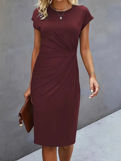 Elegant Draped Midi Dress for Women with Round Neck Cap Sleeve Twist Knot Bodycon Style