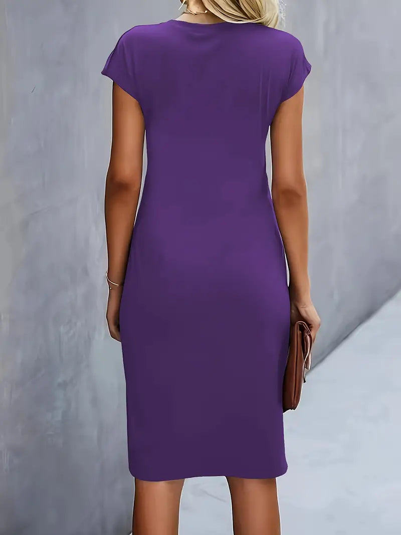Elegant Draped Midi Dress for Women with Round Neck Cap Sleeve Twist Knot Bodycon Style