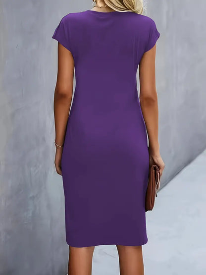 Elegant Draped Midi Dress for Women with Round Neck Cap Sleeve Twist Knot Bodycon Style