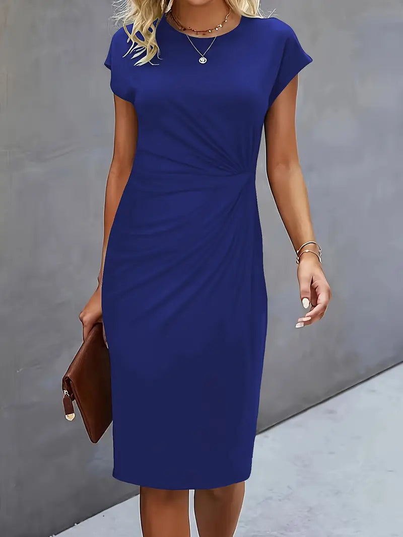 Elegant Draped Midi Dress for Women with Round Neck Cap Sleeve Twist Knot Bodycon Style