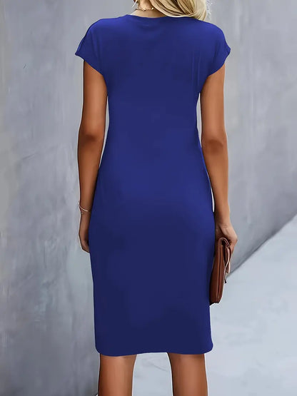 Elegant Mother Of The Groom Dress for Women with Crew Neck Cap Sleeve Twist Front Bodycon Midi Style
