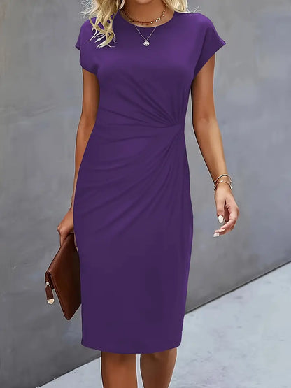 Elegant Draped Midi Dress for Women with Round Neck Cap Sleeve Twist Knot Bodycon Style