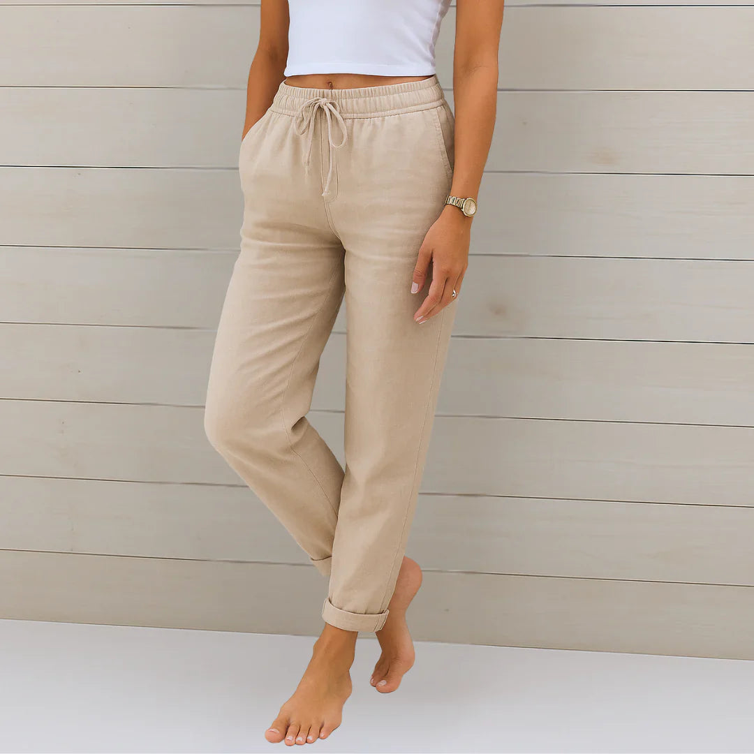 Effortless Linen Tapered Pants for Women with High Waist Drawstring Relaxed Flowing Casual Style