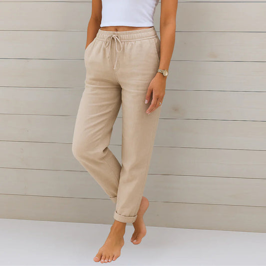 Effortless Linen Tapered Pants for Women with High Waist Drawstring Relaxed Flowing Casual Style
