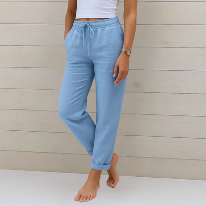 Effortless Linen Tapered Pants for Women with High Waist Drawstring Relaxed Flowing Casual Style