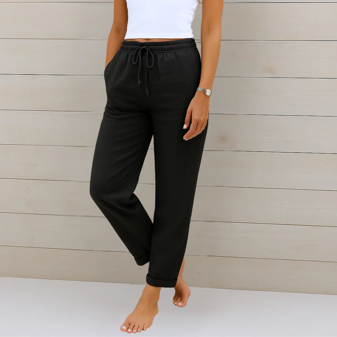 Effortless Linen Tapered Pants for Women with High Waist Drawstring Relaxed Flowing Casual Style