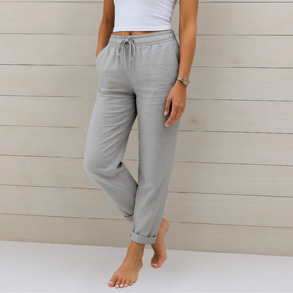 Effortless Linen Tapered Pants for Women with High Waist Drawstring Relaxed Flowing Casual Style