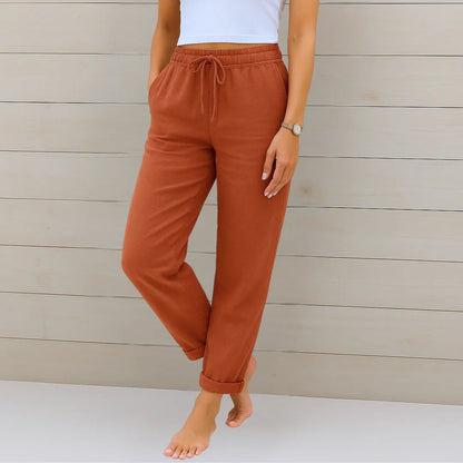 Effortless Linen Tapered Pants for Women with High Waist Drawstring Relaxed Flowing Casual Style