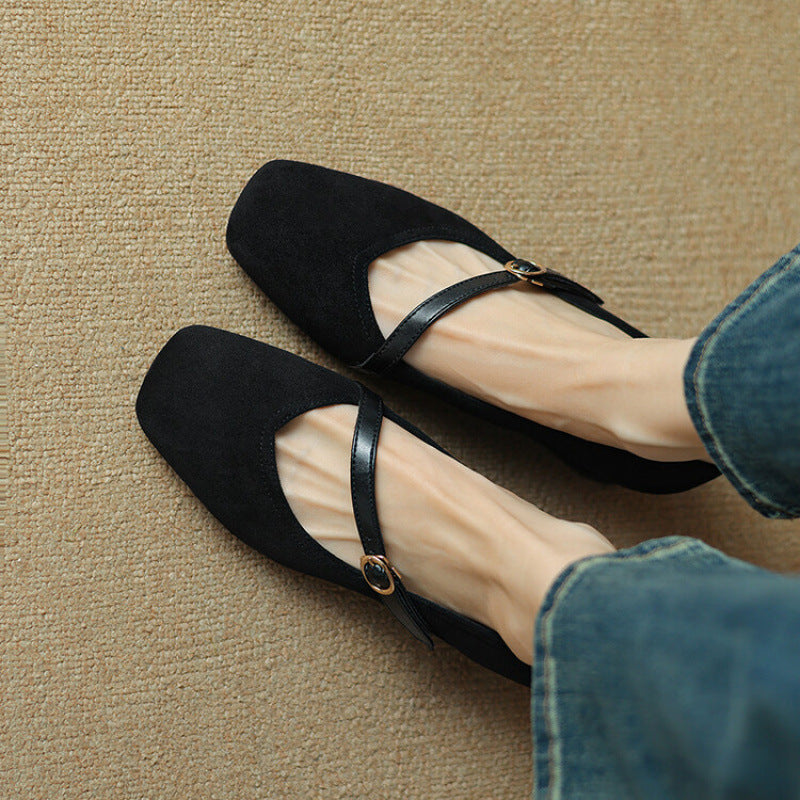Elegant Mary Jane Shoes for Women with Square Toe Ankle Strap Suede Block Heel Style