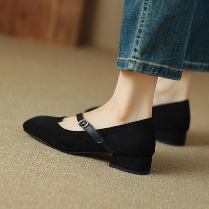 Elegant Mary Jane Shoes for Women with Square Toe Ankle Strap Suede Block Heel Style
