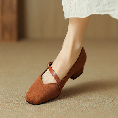 Elegant Mary Jane Shoes for Women with Square Toe Ankle Strap Suede Block Heel Style