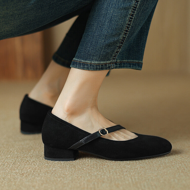Elegant Mary Jane Shoes for Women with Square Toe Ankle Strap Suede Block Heel Style