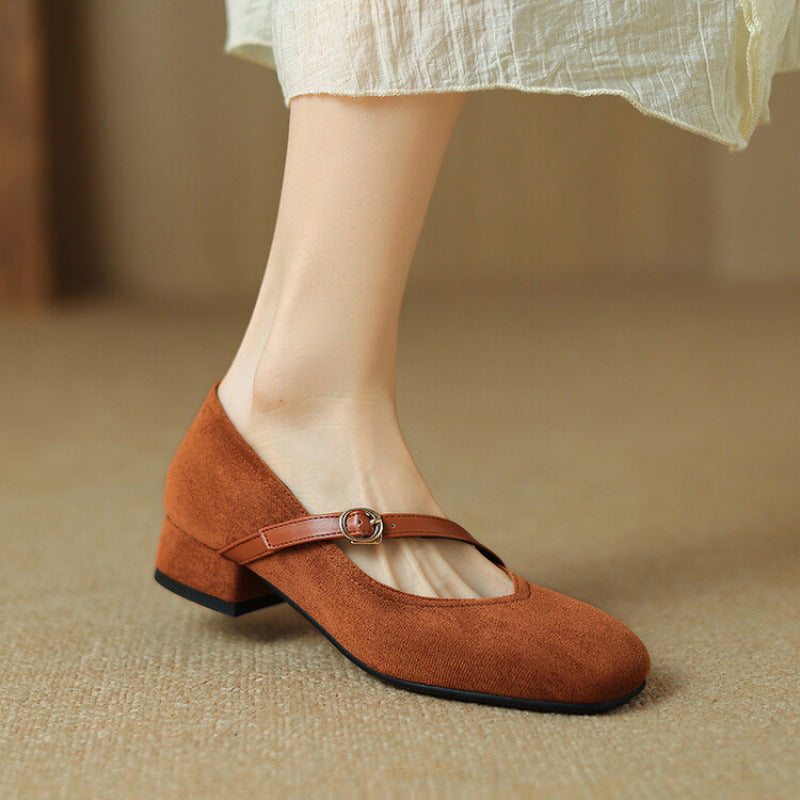 Elegant Mary Jane Shoes for Women with Square Toe Ankle Strap Suede Block Heel Style