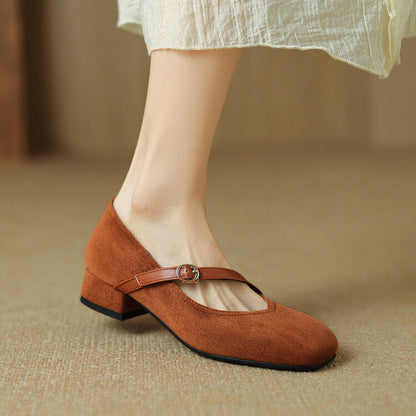 Elegant Mary Jane Shoes for Women with Square Toe Ankle Strap Suede Block Heel Style