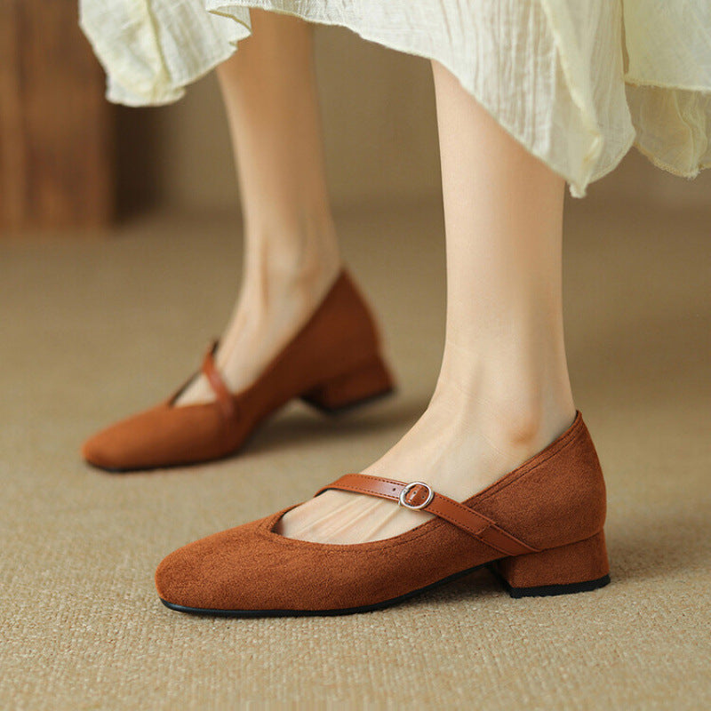Elegant Mary Jane Shoes for Women with Square Toe Ankle Strap Suede Block Heel Style