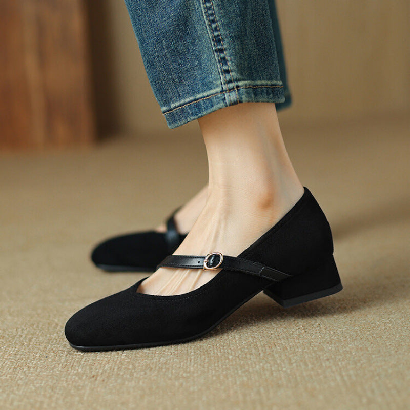 Elegant Mary Jane Shoes for Women with Square Toe Ankle Strap Suede Block Heel Style