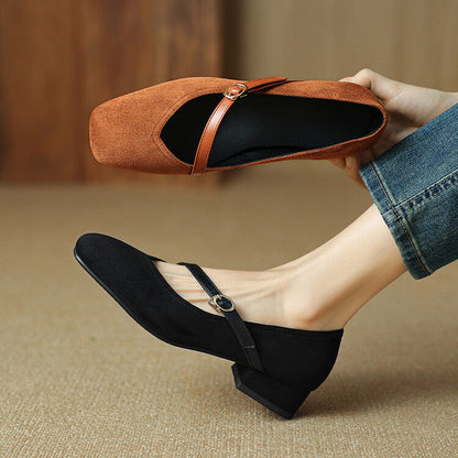 Elegant Mary Jane Shoes for Women with Square Toe Ankle Strap Suede Block Heel Style