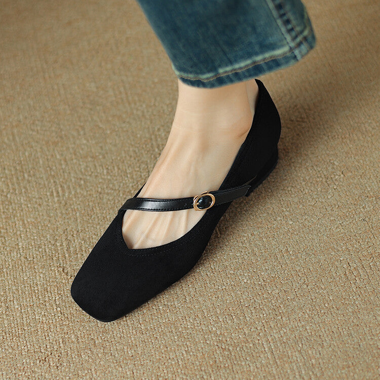 Elegant Mary Jane Shoes for Women with Square Toe Ankle Strap Suede Block Heel Style
