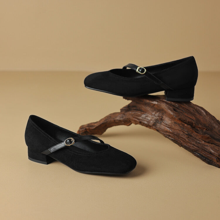 Elegant Mary Jane Shoes for Women with Square Toe Ankle Strap Suede Block Heel Style