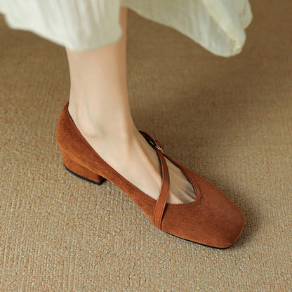 Elegant Mary Jane Shoes for Women with Square Toe Ankle Strap Suede Block Heel Style